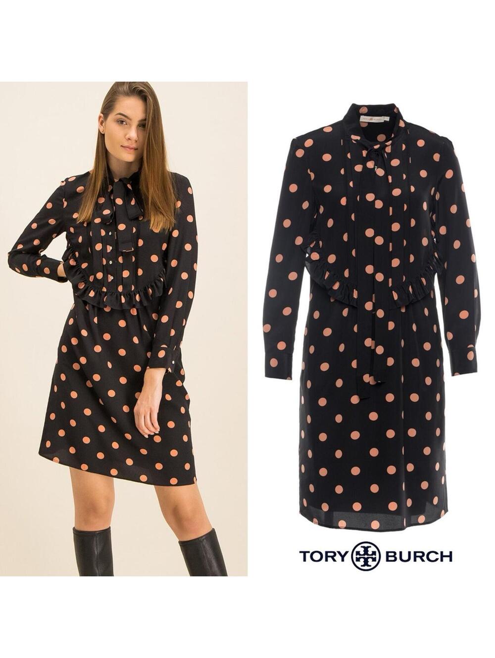 Tory Burch Polka Dot Silk Dress Ruffle Tie Neck Crystal Button Long Sleeve Sz 10